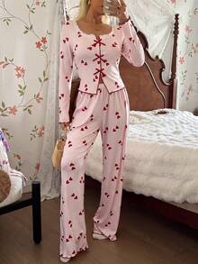 CottageSlumber Romantic Lace Trim Striped Heart Print Knit Textured Bow Decor Long Sleeve Long Pants Pajama Set Autumn/Winter Women - Multicolor - View 5