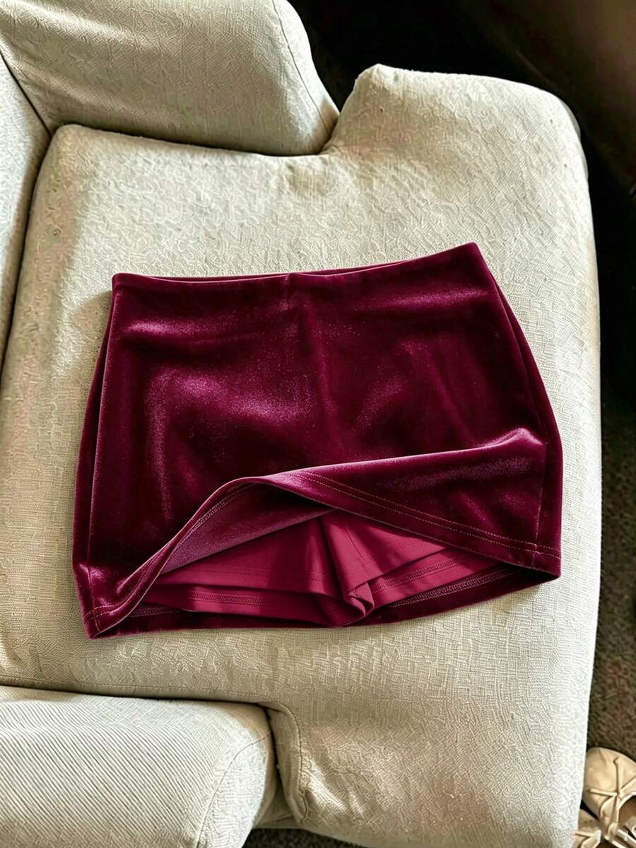 SHEIN Franclia 女款純色優雅時尚百搭裙褲 - 酒紅色 - 查看 1