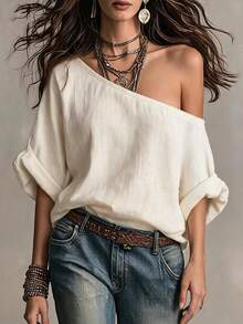 SHEIN 女款舒適不對稱肩短袖上衣 - 米色 - 查看 8