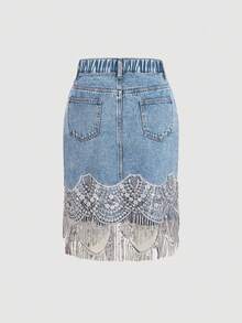 SHEIN MOD Plus Size Fashion Sequin Tassel Hem Button Pocket Denim Skirt - Light Wash - View 2