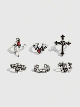 Goth 6 piezas Anillos Vintage Góticos de Calavera y Cruz, Anillos de Articulación de Metal Geométrico Punk Personalizados, Uso Diario y de Fiesta para Mujeres, Regalos de Vacaciones, Halloween