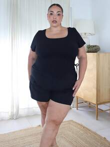 Pretty and Ole 大尺碼女款夏季純色不對稱下擺休閒抽繩側邊黑色T恤 - 黑色 - 查看 5