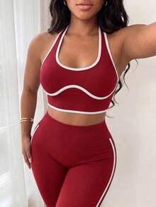 SHEIN Sports 女款滾邊掛脖背心與緊身褲運動套裝 - 酒紅色 - 查看 4