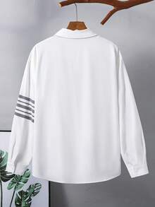 SHEIN Teen Boy Teen Boys Casual Striped Print Basic Collared Long-Sleeve Shirt Suitable For The Fall Back-To-School Season, Preppy Style, White - White - View 4