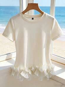 SHEIN Women's Elegant  White Short Sleeve Tee, Casual Crew Neck Top With Delicate Ruffle Hem, Versatile For Summer Outfits, Vacation And Daily Casual Wear - Apricot - View 8