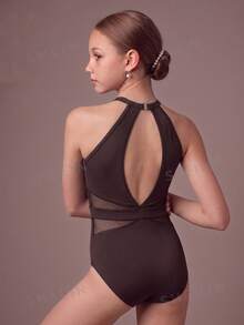 SHEIN 女童經典深棕色芭蕾舞連身衣，精緻高領網布拼接，優雅端莊運動連身款式，適用舞蹈課、考試、健身房與運動 - 棕色 - 查看 3