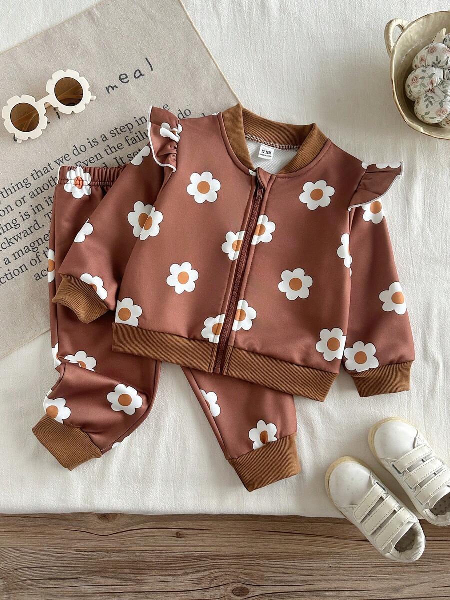 SHEIN Vintaside Kids 2件組幼女拉鍊夾克運動褲套裝，可愛甜美鐵鏽棕色雛菊花卉荷葉邊長袖羅紋領，適合戶外露營、秋季慢跑、舒適運動 - 卡其色 - 查看 1
