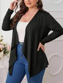 SHEIN CURVE+ 大尺碼女款花卉長袖不對稱下擺黑色夾克，簡約休閒適合外出，適合秋冬穿著 - 白色 - 查看 6