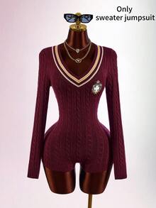 Amplova Women's Preppy V-Neck Cinched Waist Ultra Short Mini Romper - Burgundy - View 11