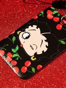 Betty Boop x SHEIN Red Black Cherry Multifunctional Combo Keychain Badge Holder Detachable Neck Lanyard , Cute Cartoon Card Cover Keychain, Bag Pendant - red and black - View 2