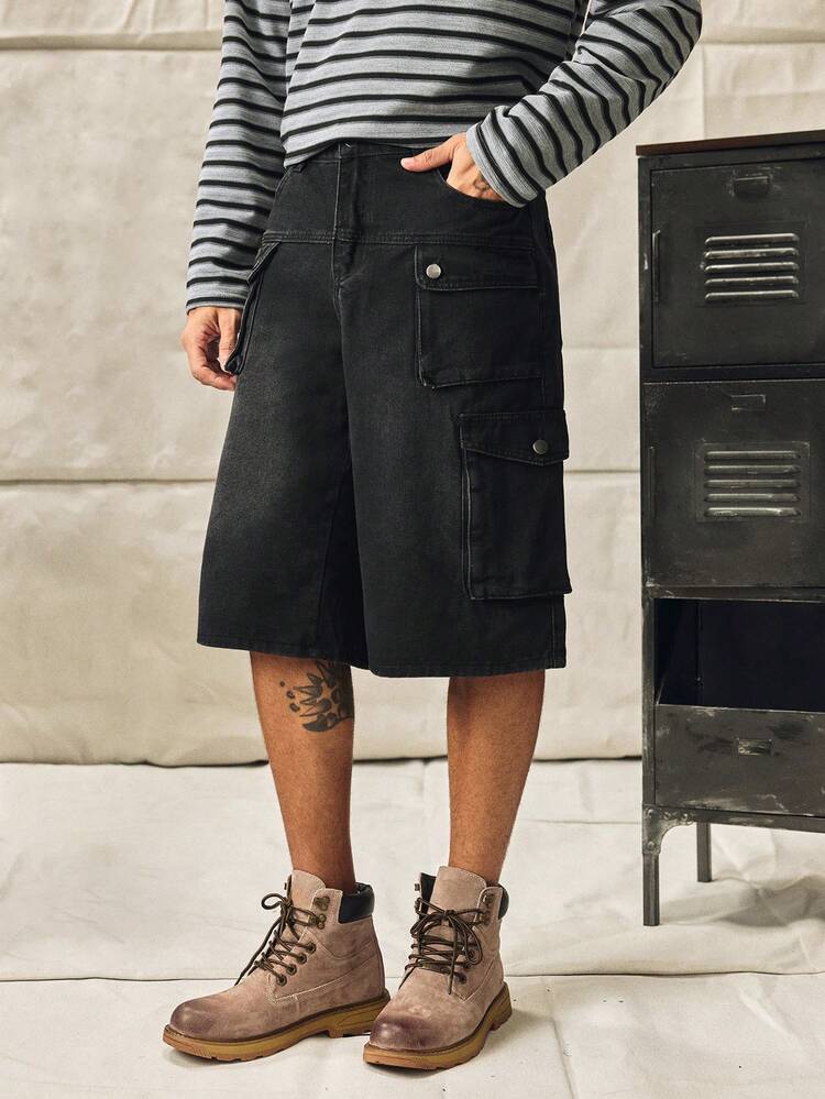 Norleigh Quần jeans nam ống rộng dáng capri túi hộp cài cúc phong cách casual, đa năng cho đi làm và đi chơi - màu đen - Xem 1