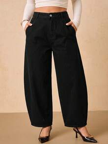 SHEIN Tall CURVE 大尺碼女款休閒寬鬆彎腿牛仔褲，附口袋 - 黑色 - 查看 5