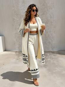 Ceyna Damen Große Größen Lässig Boho Urlaub Geometrisches Muster Langarm Robe Jacke Elastische Weite Beinhose 2-teiliges Set Brunch Strand Schwarz Zitrone Herbst - Aprikosenfarben - Übersicht 3