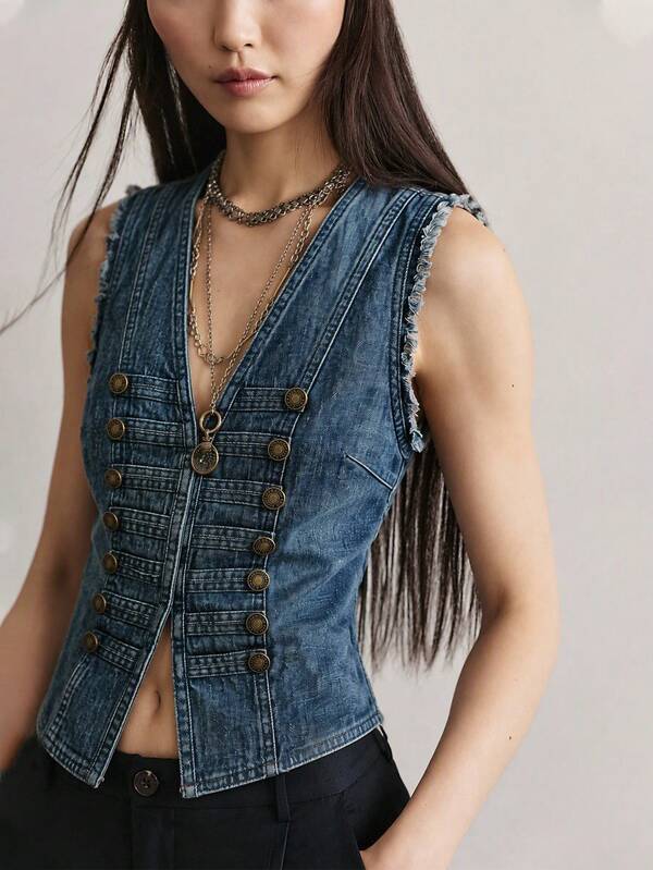 Bohemela Casual Solid Color Woven Washed Women's Vest Jacket