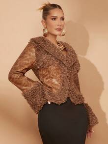 Lumalex Women's Coffee Brown Winter Elegant Dinner Date Curly Fluffy & PU Leather Patchwork Cinched Waist Jacket,Bohemian BOHO Wedding Party Banquet Outdoor - Coffee Brown - View 4