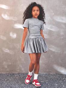 Coolane Kids Tween Girl Mock Neck Ruched Slim Fit Tee & Ruffle Hem Skirt,Back To School,Y2K,Streetwear,Summer/Fall - Grey - View 3