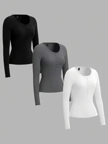 SHEIN EZwear 3 件装极简主义黑、白、灰色针织长袖 T 恤，大码女款，适合秋冬季 - 彩色 - 查看 3
