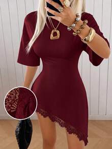 SHEIN EZwear 酒紅色針織修身女款洋裝 - 酒紅色 - 查看 9