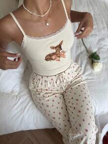 CovetEZ 女款蕾絲飾邊蝴蝶結鹿紋上衣與長褲休閒日常套裝 - 彩色 - 查看 4