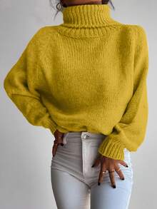RueChic Jersey cuello alto de manga raglán tejido de canalé - Amarillo - Ver 4
