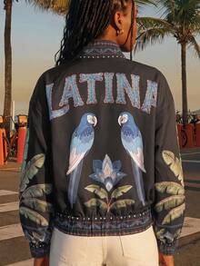 CAJUNI Tropical Print Casual Vacation Jacket - Black - View 1