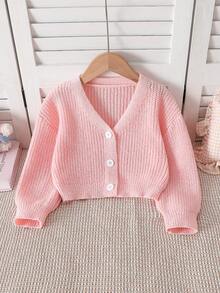 SHEIN Playful Pals Cardigan Lengan Panjang Kasual Leher V Warna Polos untuk Anak Perempuan - Baby Pink - View 1
