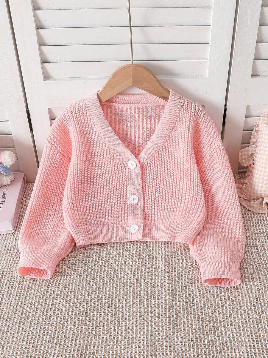 SHEIN Playful Pals Cardigan Lengan Panjang Kasual Leher V Warna Polos untuk Anak Perempuan - Baby Pink - View 1