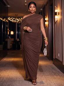 Slaydiva Autumn/Winter New Elegant & Glamorous Solid Brown Ruched Fitted Shawl-Style Ribbon Sheer Mesh Lined Dress For Women Plus Size - A, Suitable For Party, Date, Cocktail, Girls' Gathering, Wedding Season, Graduation Season, Birthday Party, Holiday Occasions - Brown - View 6