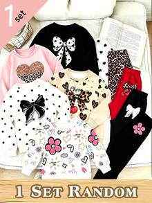 1 Random Item From 5 Girls' Fresh Heart Bow Polka Dot Floral Cherry Leopard Print Basic Crew Neck Sweatshirt With Leggings - Multicolor - View 3