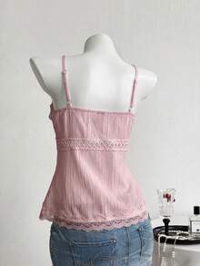 Elamini 純甜美風夏季蕾絲拼接V領修身顯瘦女款背心上衣 - 淺粉色 - 查看 2