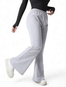 SHEIN Sparklyn Teen Girls Casual Baggy Fashion Grey Slim Fit Flare Leggings Long Pants Comfortable Knit Spring/Autumn Summer Sweatpants Cycling Work Formal - Light Grey - View 5