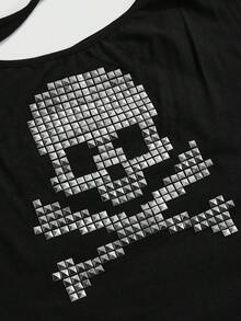 ROMWE Grunge Punk Plus Size Punk Style Skull Metal Rivet Design Asymmetric Neck Distressed Backless Loose Cropped T-Shirt - Black - View 3