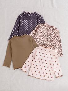 SHEIN 女嬰秋冬可愛印花羅紋布料波浪下擺長袖上衣 - 彩色 - 查看 2