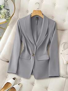SHEIN LUNE 2024秋冬新款灰綠色女款收腰鈕扣西裝外套，休閒風 - 淺灰色 - 查看 5