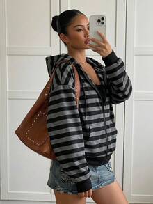 SHEIN Sparklyn 秋冬女款連帽拉鍊外套，街頭風混搭，防寒針織面料運動衫，適合秋冬穿著，微寬鬆版型 - 黑色 - 查看 2