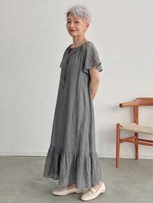FRIFUL Women's Hollow Neckline Patchwork Pleated Full Skirt Long Dress Summer - Grey - View 2