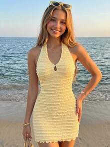 Kids Teen Girls Summer Casual Holiday Beach Vacation Strapless Off-Shoulder Backless Camisole Knit Striped Jacquard Mini Dress, Graduation, Yellow - Yellow - View 1