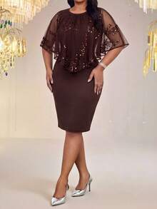 SHEIN Lady Plus Size Elegant Party Sequin Patchwork Dress - Brown - View 4