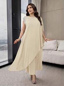 Modelyn Plus Size Women's Faux Pearl Decor Long Top And Pleated Skirt Casual Daily 2-Piece Set - Apricot - View 4