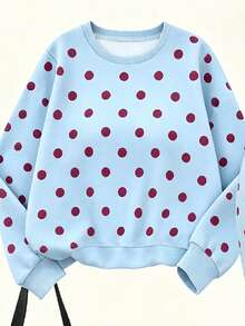 Tween Girls Casual Minimalist Polka Dot Print Crew Neck Sweatshirt & Flare Pants Set, Red Polka Dot Contrast Digital Print Pattern, Autumn/Winter Design, Versatile, Casual Comfortable Soft Crew Neck Sweatshirt & Flare Pants 2-Piece Set, Suitable For Autumn/Winter - Multicolor - View 5