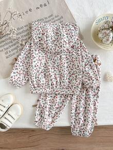 SHEIN 2件組幼兒女嬰連帽外套褲套裝，可愛甜美粉紅紅白花卉蝴蝶結緞帶條紋長袖拉鍊式戶外秋季公主風保暖夾克 - 彩色 - 查看 3