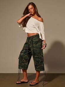 Athîral Denim Vintage Camouflage Cargo Pants, Summer Loose Wide Leg Capri Pants - Army Green - View 6