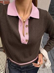 DAZY Women's Elegant Colorblock Pullover Sweater Fall - Brown - View 5