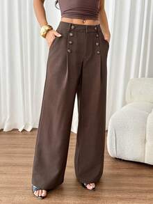 SHEIN PETITE Women's Elegant Button Pocket Pleated Loose Business Suit Pants - Rust Brown - View 5