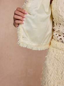 Enchnt Premium Pre-Fall Romantic Women's Elegant Pale Yellow Tweed Frayed Pearl Buttons Jacket,Office Outfits For Women,Going Out Outfits,Social - Yellow - View 8