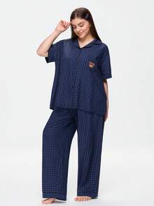 Bonmuse Summer Cute Plaid Print Patch Pocket Bear Embroidery Pattern Front Button Short Sleeve Long Pants Women Plus Size Pajama Set Homewear Set - Multicolor - View 1