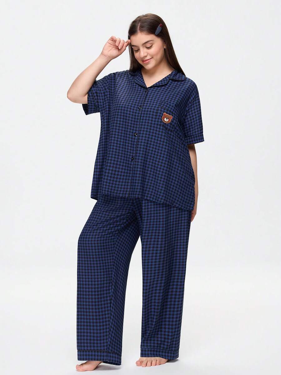 Bonmuse Summer Cute Plaid Print Patch Pocket Bear Embroidery Pattern Front Button Short Sleeve Long Pants Women Plus Size Pajama Set Homewear Set - Multicolor - View 1