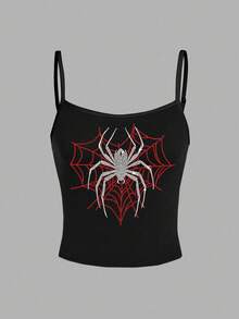 SHEIN EZwear Áo thun graphic cơ bản họa tiết nhện mạng nhện đính đá rhinestone phong cách Halloween Goth Y2K - màu đen - Xem 3