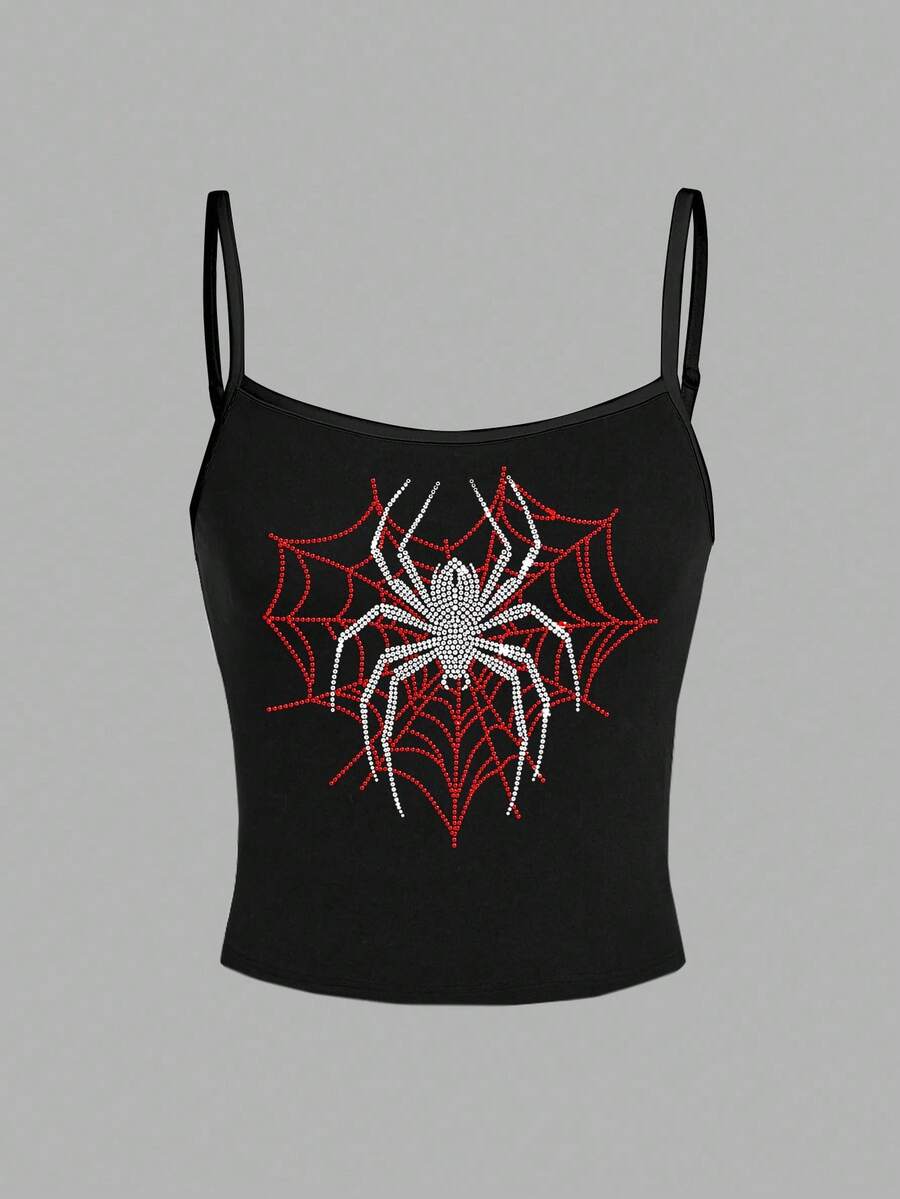 SHEIN EZwear Halloween Goth Y2K Spider Spider Pattern With Rhinestones Web Basic Graphic Tees - Black - View 1