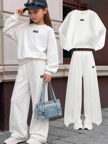 SHEIN Tween女孩極簡時尚百搭牛仔長袖圓領衛衣套裝，秋冬/四季穿著 - 白色 - 查看 2